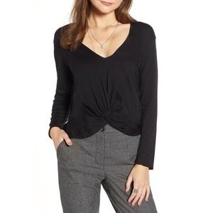 Treasure & Bond Womens  Twist Top Medium Black Long Sleeve V-Neck Sheer Twisted